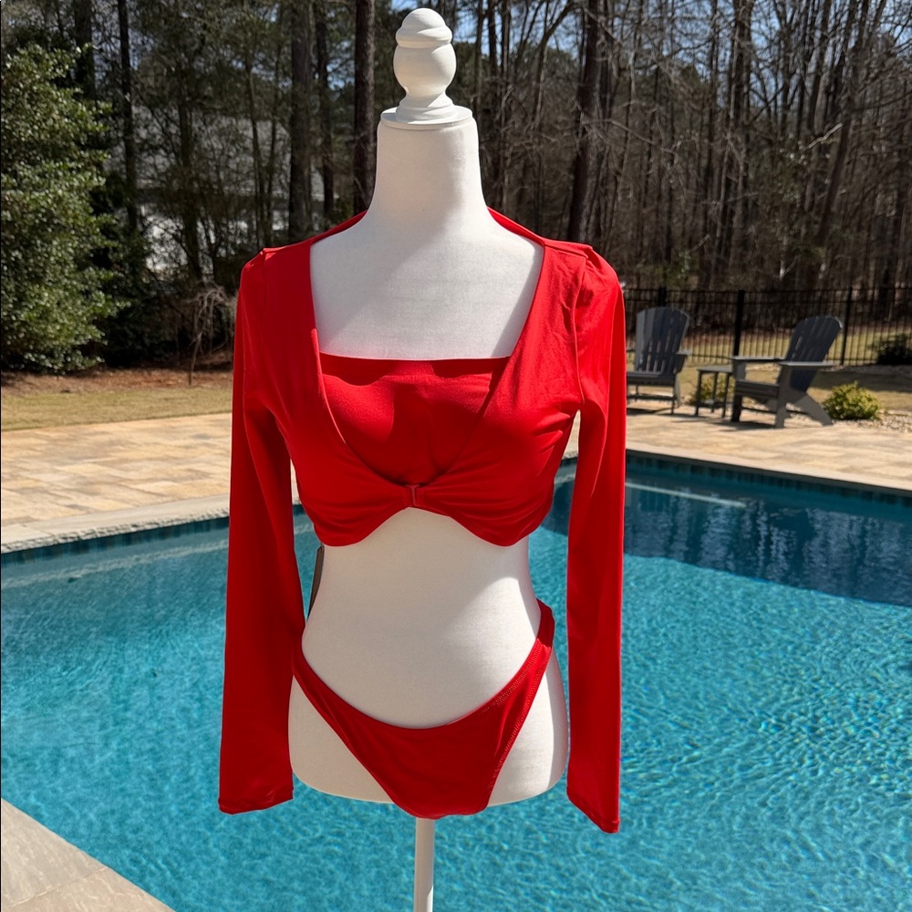 Skims Ruby Bikini Top & Cheek Tanga Bottom, Size XL & Long Sleeve Shrug, Size L
